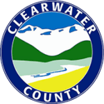 A blue circle with the words clearwater county in it.