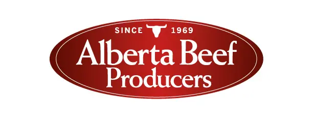 A red and white logo of alberta beef producers.