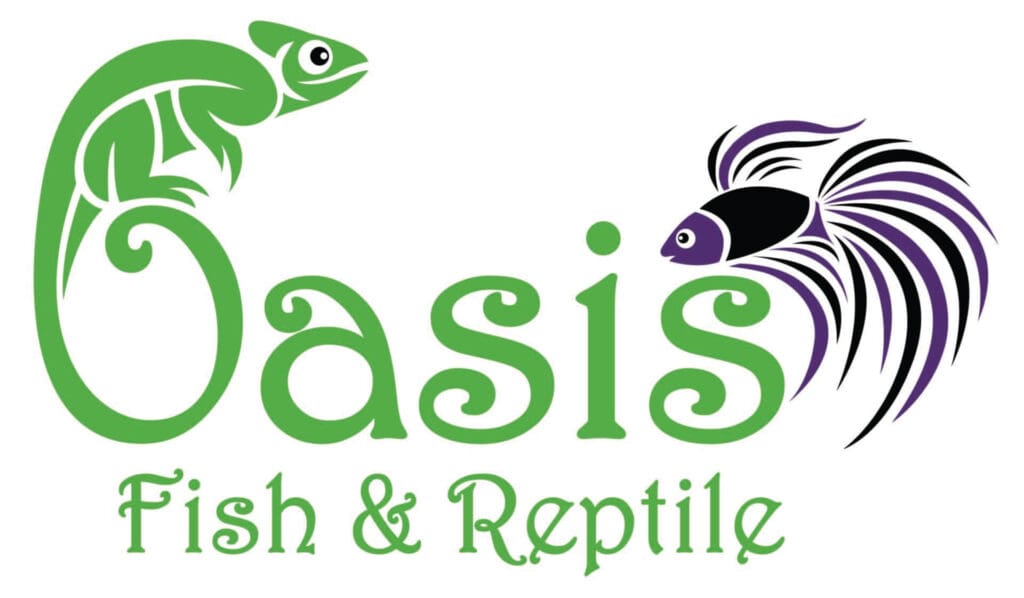 A green and white logo for oasis fish & reptile shop.