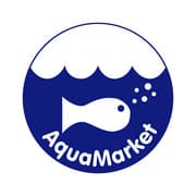 A blue circle with the words " aquamarket ".