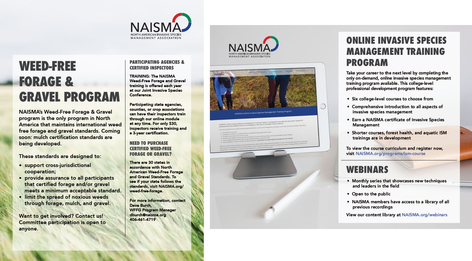 A brochure for naisma, showing the company 's logo and information.