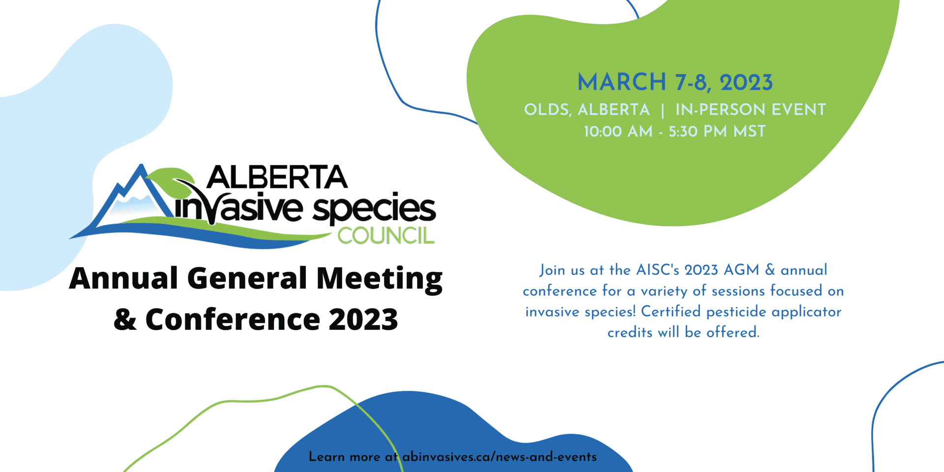 A poster with the words alberta invasive species council and an image of a blue blob.
