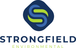 A green background with the words strongfield environmental in blue and yellow.