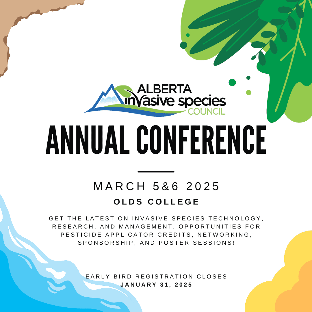 A poster with the words alberta invasive species annual conference march 5 & 6 2 0 2 5.