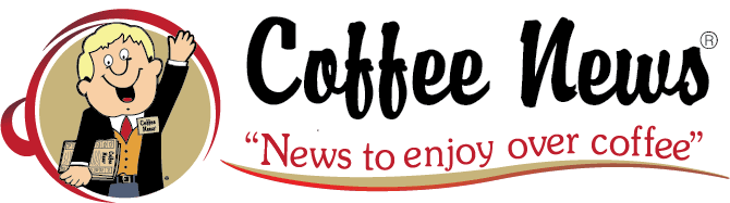 Coffee News logo with waving character.